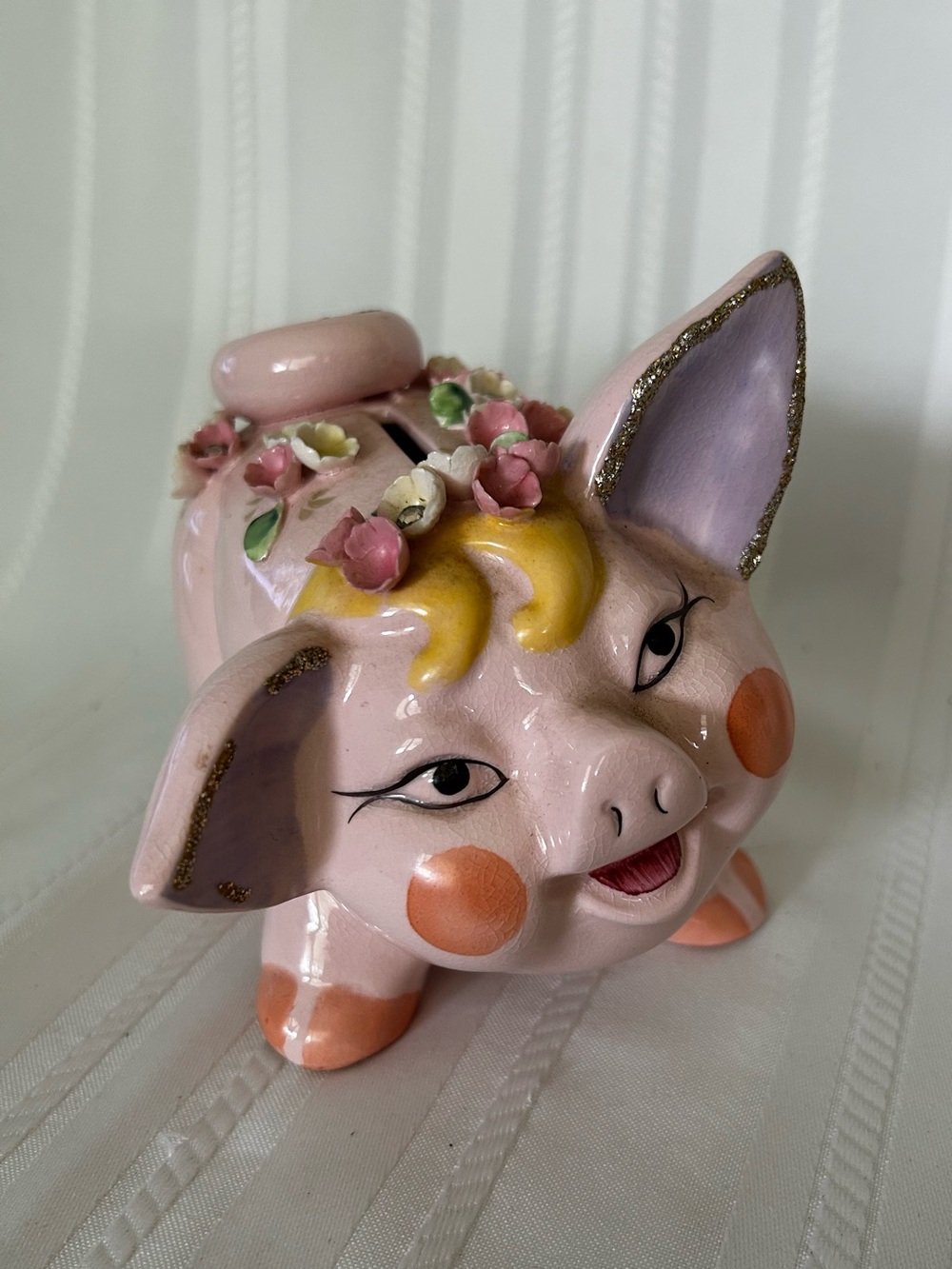 Vintage Lefton China Piggy Bank Pink White Green Flowers Gold Glitter Peach